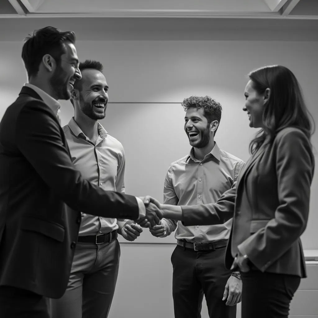 Equipo celebrando un logro financiero con un cliente