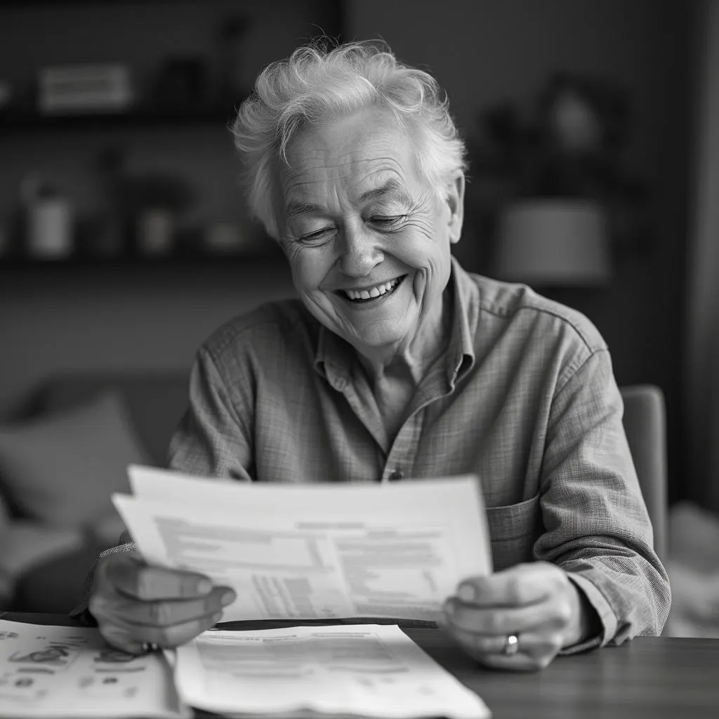 Persona mayor sonriendo con documentos financieros